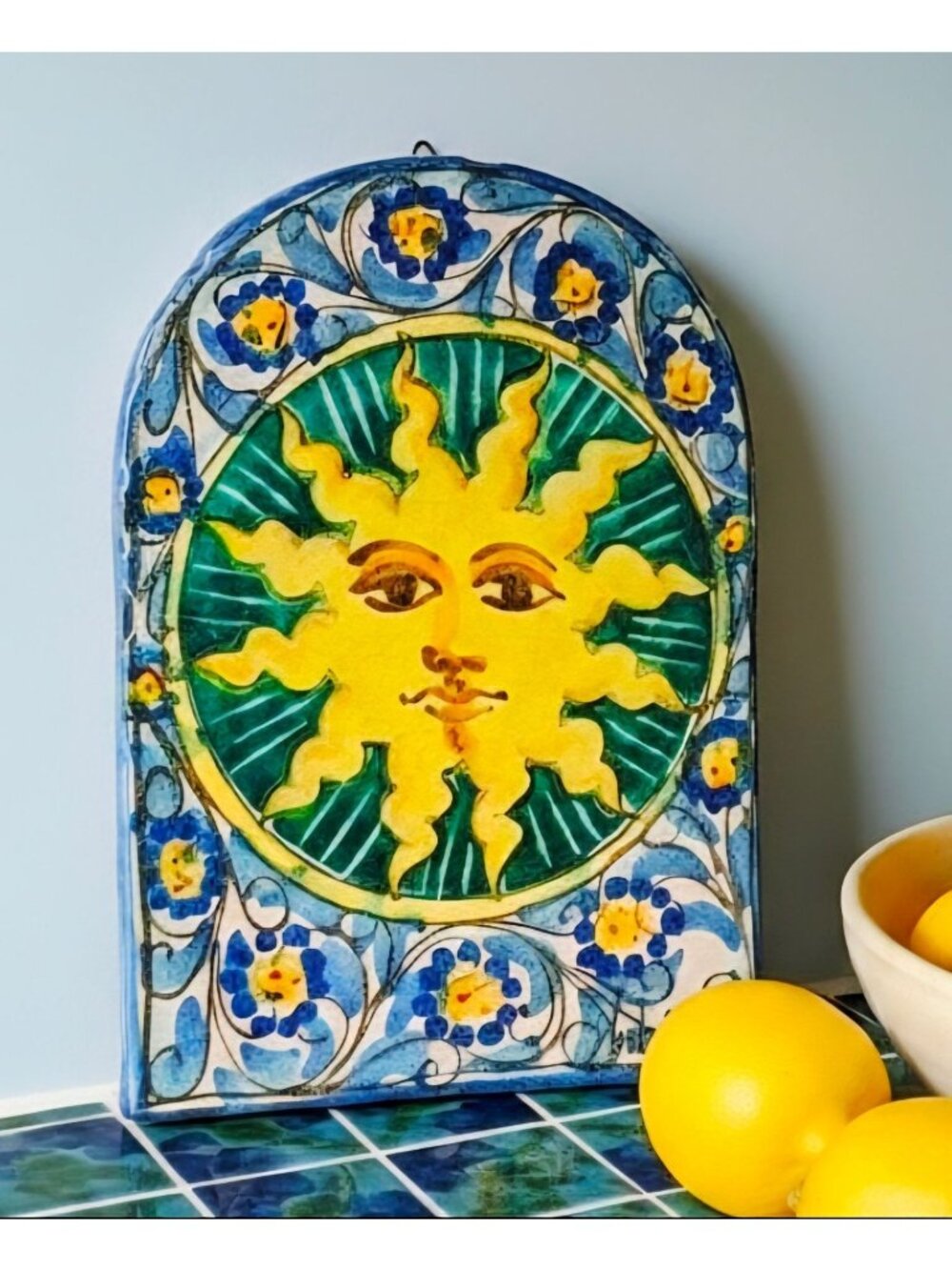 FRATANTONI Hand-Painted Italian Pottery Sun Wall Plaque Blue Floral Mediterranea